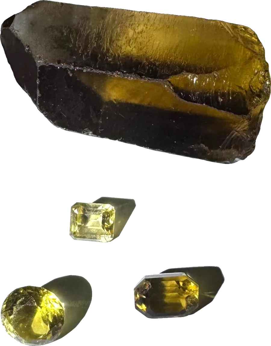 Cristal amarillo en bruto y piedras talladas